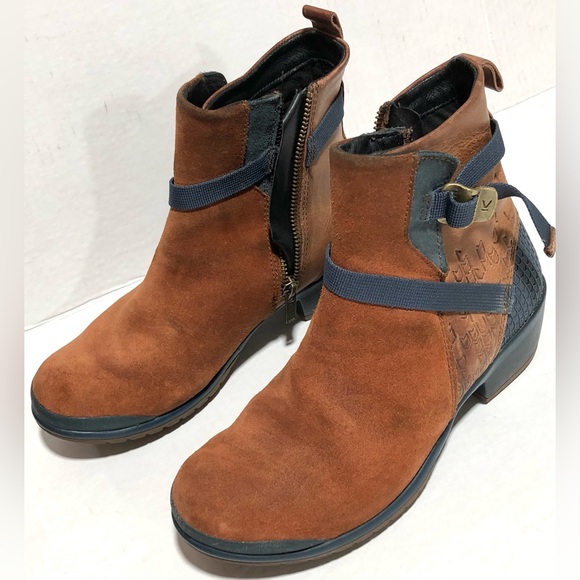 Keen Brown Suede Ankle Booties with Navy Strap Detail - Picture 7 of 11
